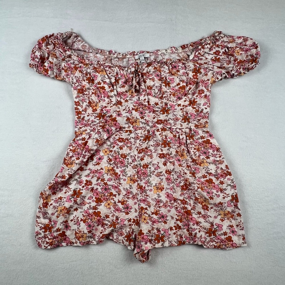A.U.W. Floral Romper Women's Large Pink Orange Off-the-Shoulder Boho
